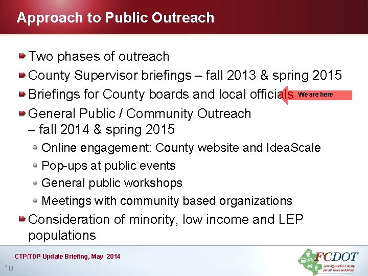 Approach to Public Outreach Two phases of outreach County Supervisor briefings – fall 2013