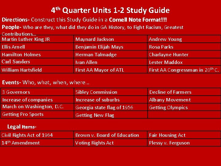 4 th Quarter Units 1 -2 Study Guide Directions- Construct this Study Guide in