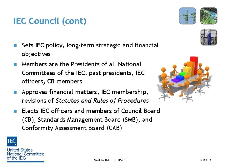 IEC Council (cont) n Sets IEC policy, long-term strategic and financial objectives n Members