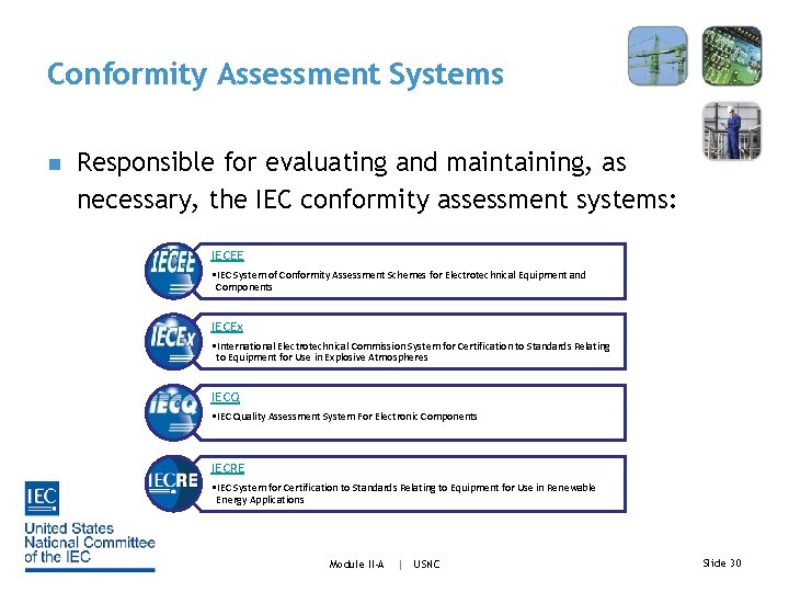 Conformity Assessment Systems n Responsible for evaluating and maintaining, as necessary, the IEC conformity
