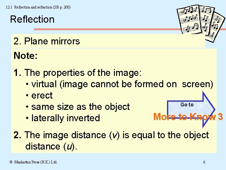 12. 1 Reflection and refraction (SB p. 200) Reflection 2. Plane mirrors Note: 1.