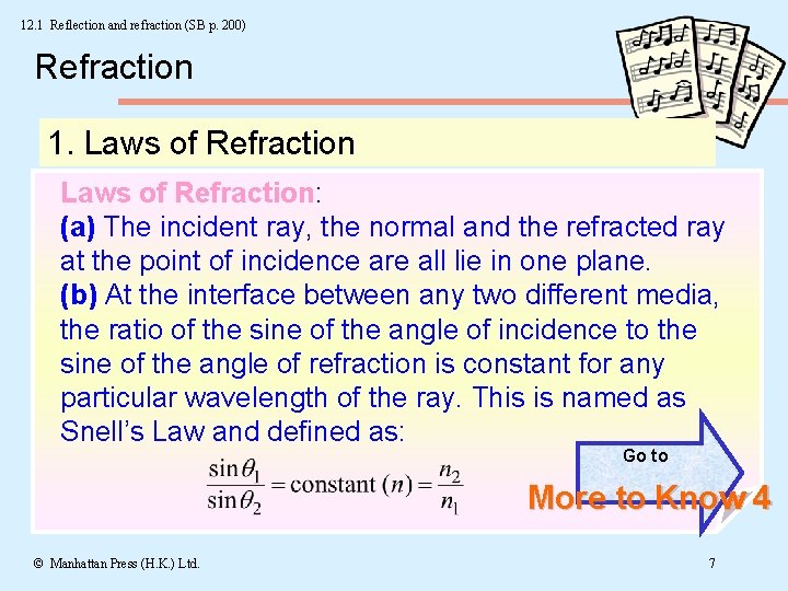 12. 1 Reflection and refraction (SB p. 200) Refraction 1. Laws of Refraction: (a)