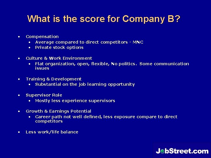 What is the score for Company B? • Compensation • Average compared to direct
