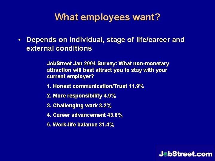 What employees want? • Depends on individual, stage of life/career and external conditions Job.