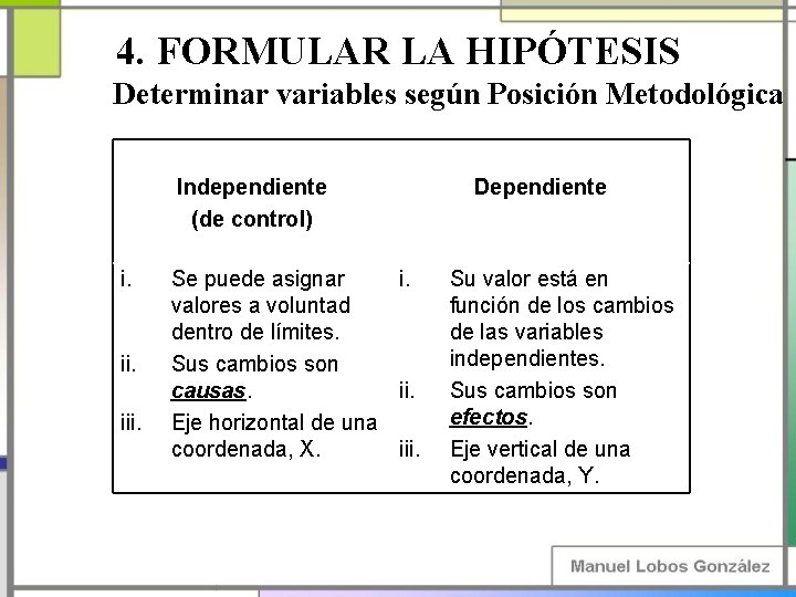 4. FORMULAR LA HIPÓTESIS Determinar variables según Posición Metodológica Independiente (de control) i. ii.