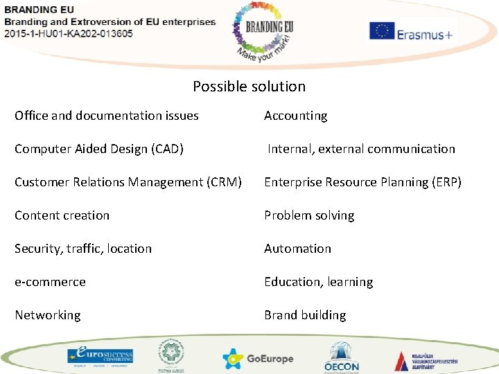 Possible solution Office and documentation issues Accounting Computer Aided Design (CAD) Internal, external communication