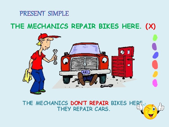 PRESENT SIMPLE THE MECHANICS REPAIR BIKES HERE. (X) THE MECHANICS DON’T REPAIR BIKES HERE.