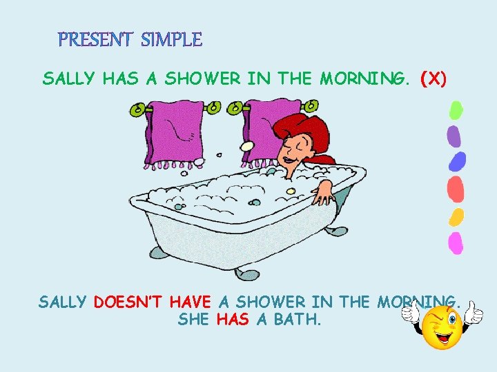 PRESENT SIMPLE SALLY HAS A SHOWER IN THE MORNING. (X) SALLY DOESN’T HAVE A