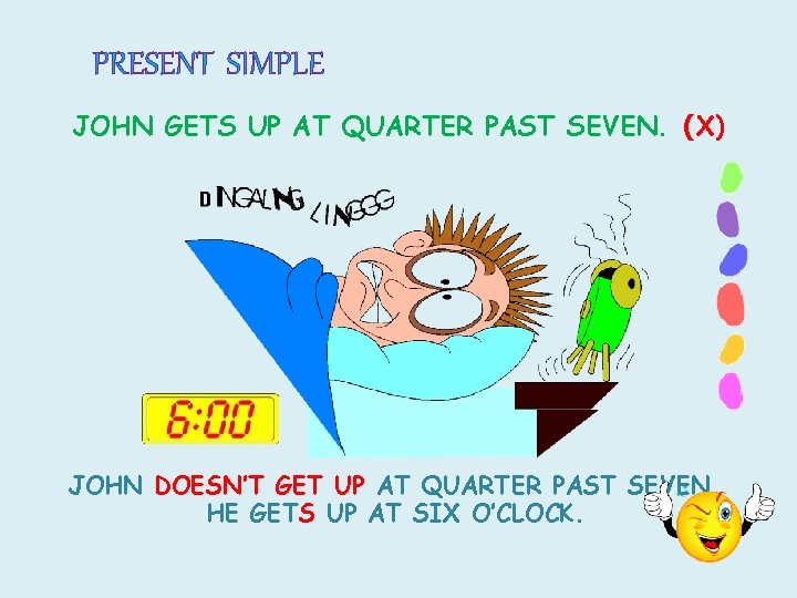 PRESENT SIMPLE JOHN GETS UP AT QUARTER PAST SEVEN. (X) JOHN DOESN’T GET UP