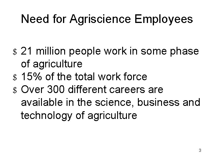 Need for Agriscience Employees $ 21 million people work in some phase of agriculture