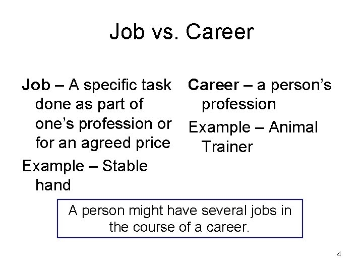 Job vs. Career Job – A specific task done as part of one’s profession