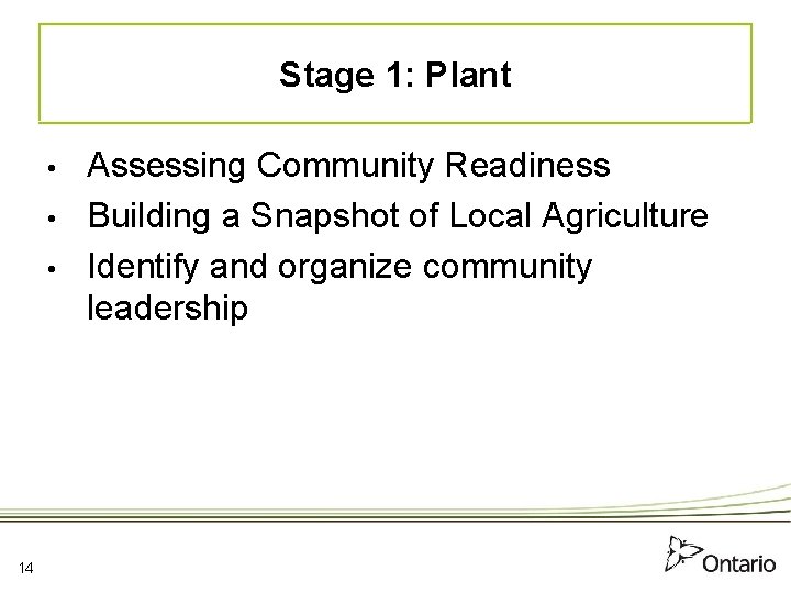 Stage 1: Plant • • • 14 Assessing Community Readiness Building a Snapshot of