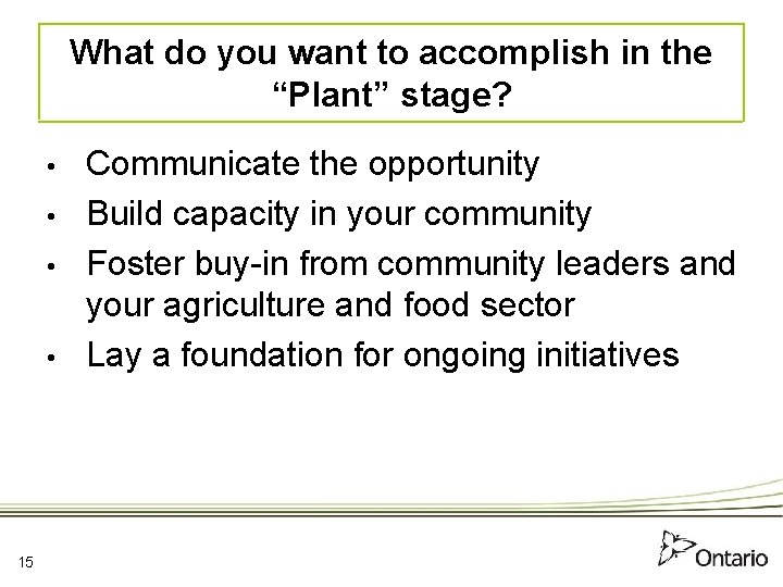 What do you want to accomplish in the “Plant” stage? • • 15 Communicate