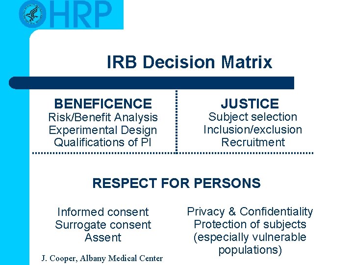 IRB Decision Matrix BENEFICENCE Risk/Benefit Analysis Experimental Design Qualifications of PI JUSTICE Subject selection