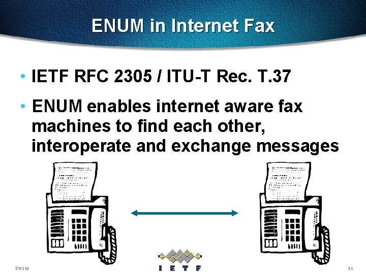 ENUM in Internet Fax • IETF RFC 2305 / ITU-T Rec. T. 37 •