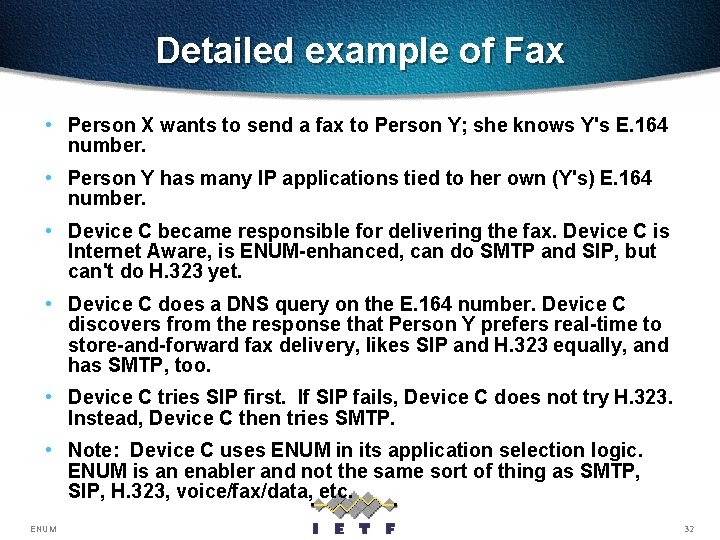 Detailed example of Fax • Person X wants to send a fax to Person