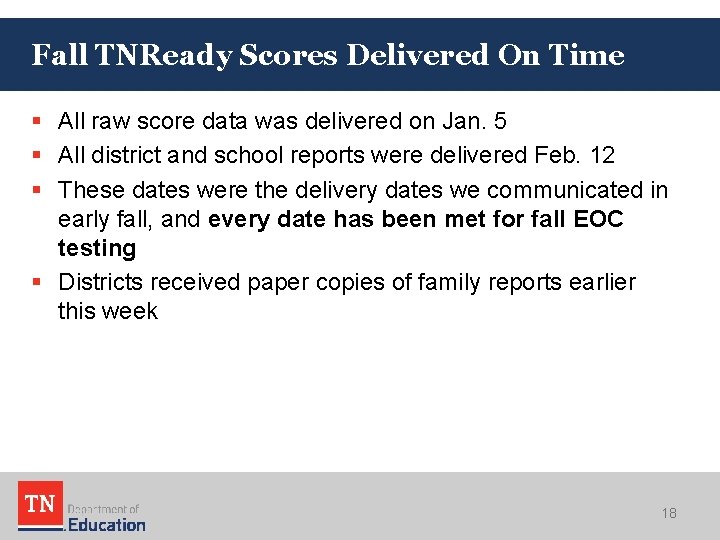 Fall TNReady Scores Delivered On Time § All raw score data was delivered on Fall TNReady Scores Delivered On Time § All raw score data was delivered on