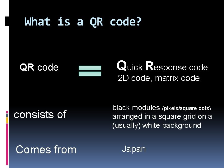 What is a QR code? QR code Quick Response code 2 D code, matrix