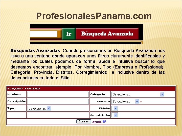 Profesionales. Panama. com Búsquedas Avanzadas: Cuando presionamos en Búsqueda Avanzada nos lleva a una