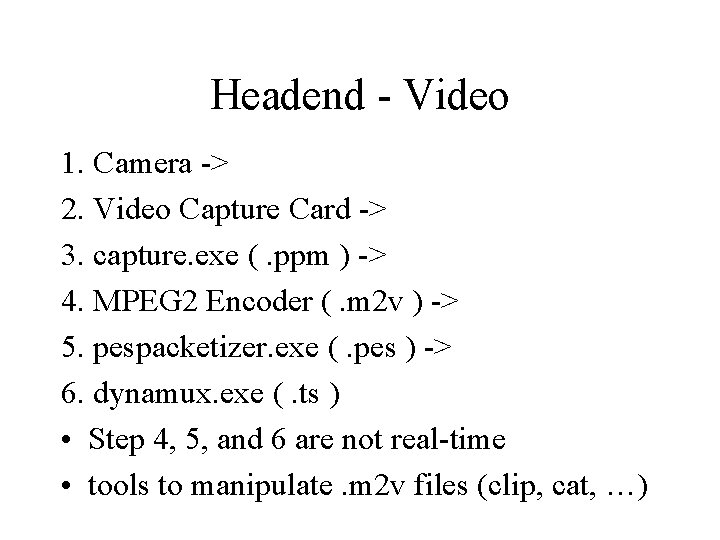 Headend - Video 1. Camera -> 2. Video Capture Card -> 3. capture. exe