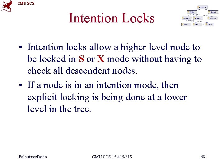 CMU SCS Intention Locks • Intention locks allow a higher level node to be