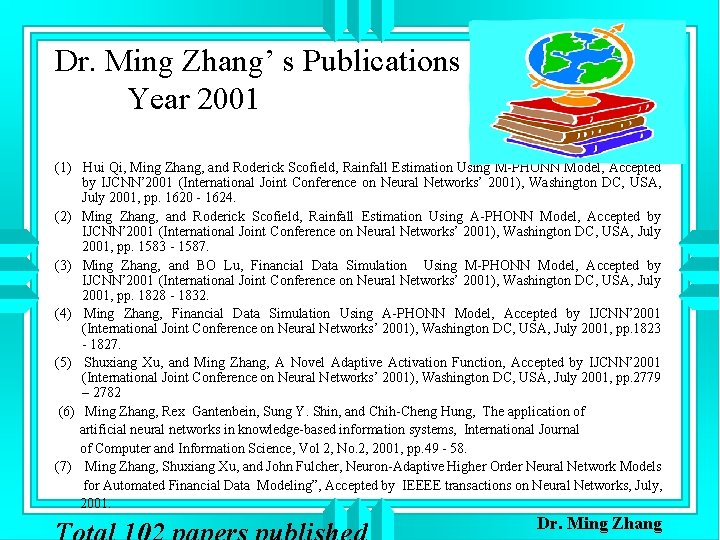 Dr. Ming Zhang’ s Publications Year 2001 (1) Hui Qi, Ming Zhang, and Roderick