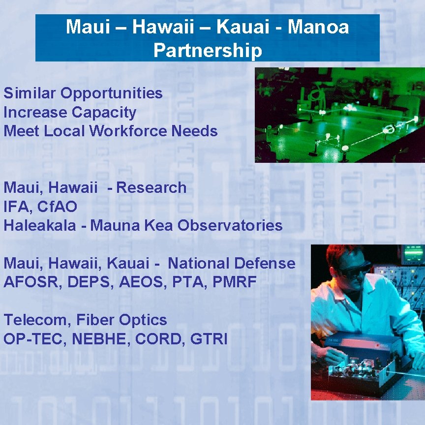 Maui – Hawaii – Kauai - Manoa Partnership Similar Opportunities Increase Capacity Meet Local