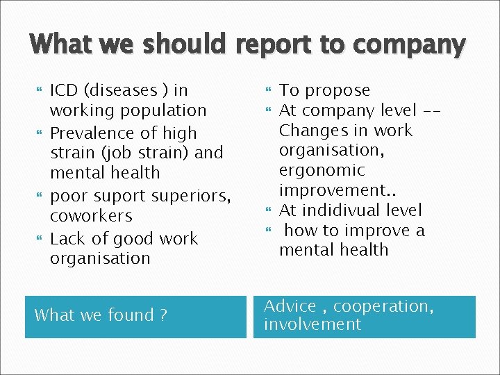 What we should report to company ICD (diseases ) in working population Prevalence of