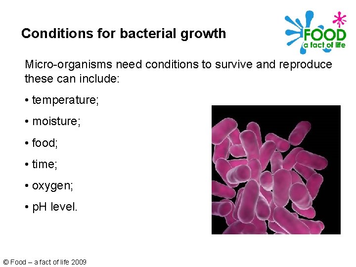 Conditions for bacterial growth Micro-organisms need conditions to survive and reproduce these can include: