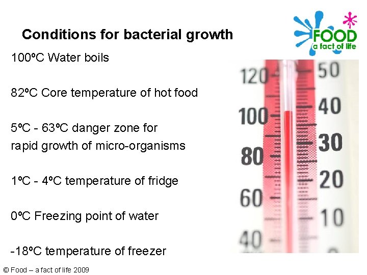 Conditions for bacterial growth 100ºC Water boils 82ºC Core temperature of hot food 5ºC