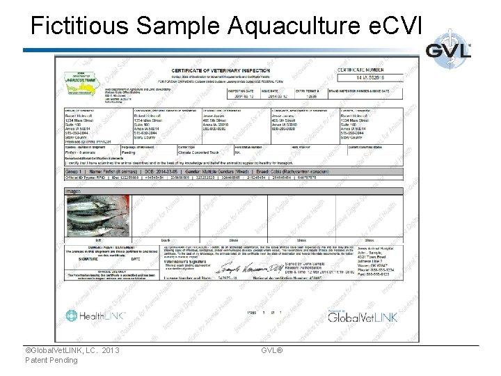 Fictitious Sample Aquaculture e. CVI ©Global. Vet. LINK, LC. 2013 GVL® Patent Pending 