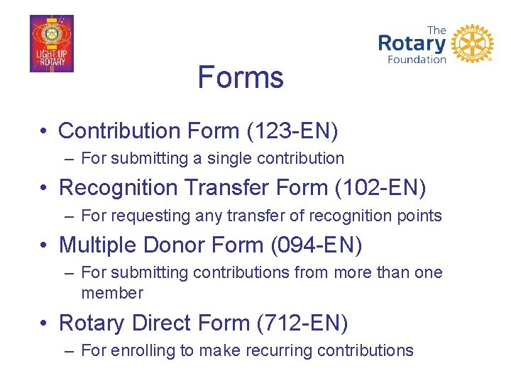 Forms • Contribution Form (123 -EN) – For submitting a single contribution • Recognition