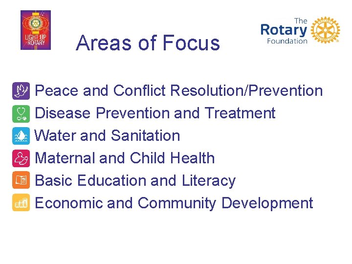 Areas of Focus • • • Peace and Conflict Resolution/Prevention Disease Prevention and Treatment
