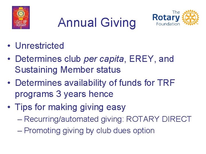 Annual Giving • Unrestricted • Determines club per capita, EREY, and Sustaining Member status