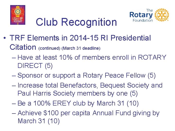 Club Recognition • TRF Elements in 2014 -15 RI Presidential Citation (continued) (March 31