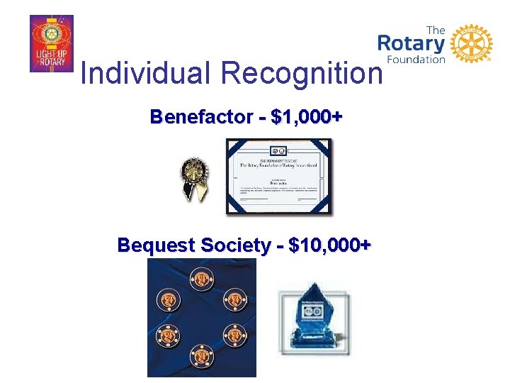 Individual Recognition Benefactor - $1, 000+ Bequest Society - $10, 000+ 