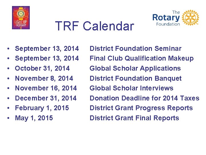TRF Calendar • • September 13, 2014 October 31, 2014 November 8, 2014 November