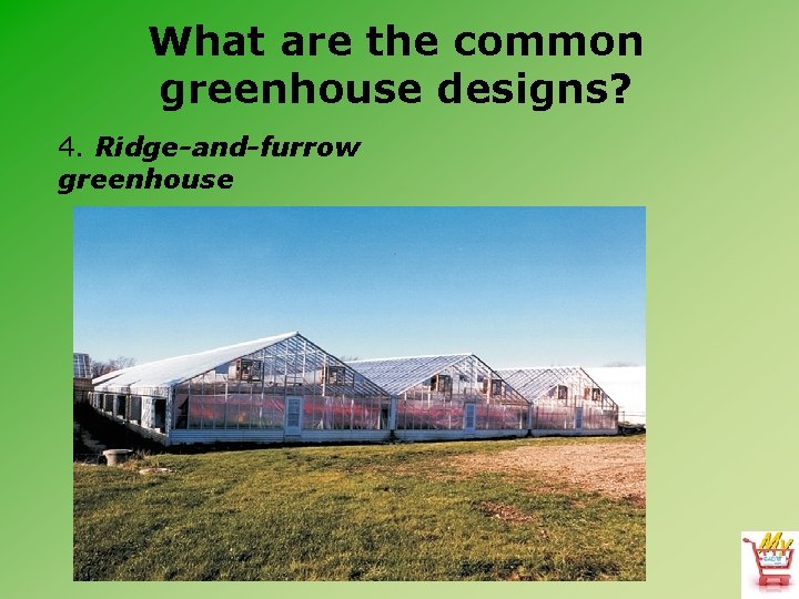 What are the common greenhouse designs? 4. Ridge-and-furrow greenhouse What are the common greenhouse designs? 4. Ridge-and-furrow greenhouse