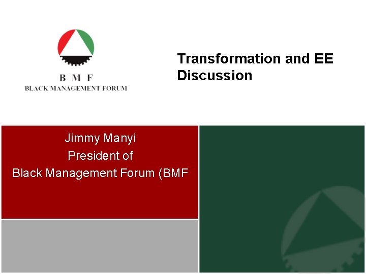 Transformation and EE Discussion Jimmy Manyi President of Black Management Forum (BMF 