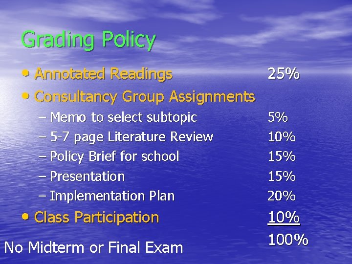 Grading Policy • Annotated Readings 25% • Consultancy Group Assignments – Memo to select