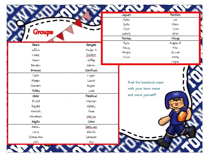 Groups Find the breakout room with your team name and move yourself! 