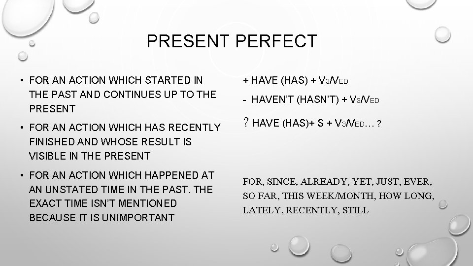 PRESENT PERFECT • FOR AN ACTION WHICH STARTED IN THE PAST AND CONTINUES UP