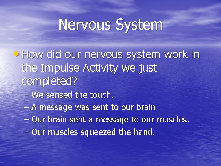 Nervous System • How did our nervous system work in the Impulse Activity we