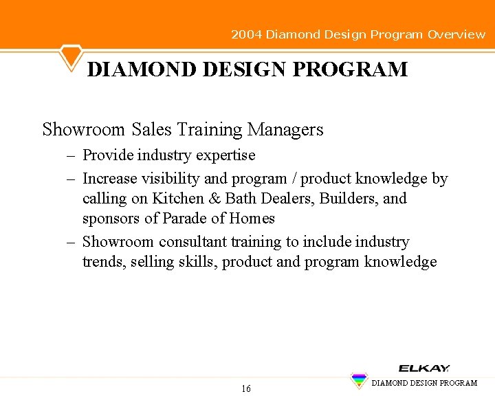 2004 Diamond Design Program Overview DIAMOND DESIGN PROGRAM Showroom Sales Training Managers – Provide