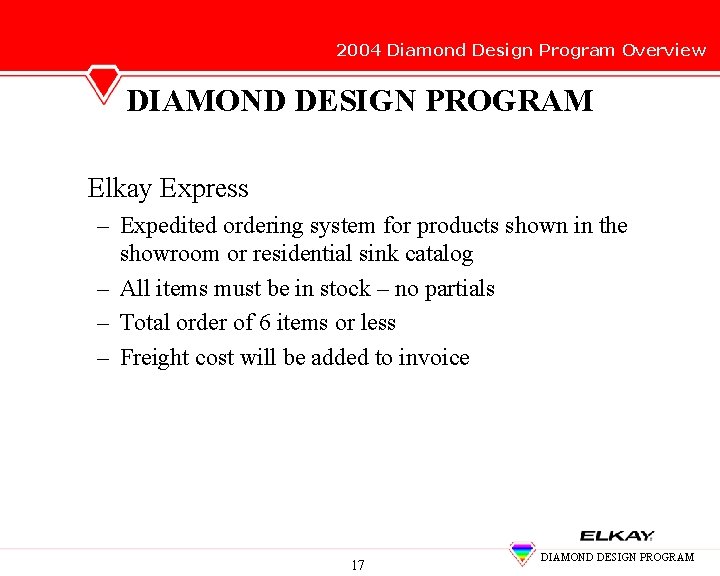 2004 Diamond Design Program Overview DIAMOND DESIGN PROGRAM Elkay Express – Expedited ordering system 2004 Diamond Design Program Overview DIAMOND DESIGN PROGRAM Elkay Express – Expedited ordering system