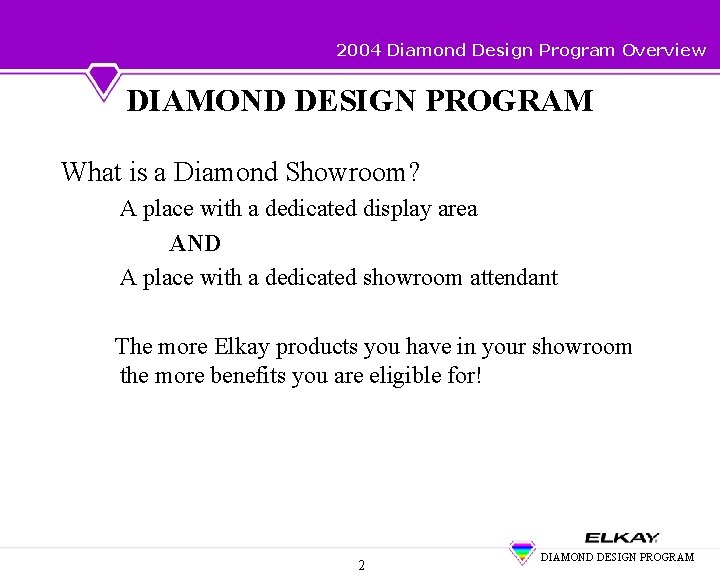 2004 Diamond Design Program Overview DIAMOND DESIGN PROGRAM What is a Diamond Showroom? A 2004 Diamond Design Program Overview DIAMOND DESIGN PROGRAM What is a Diamond Showroom? A