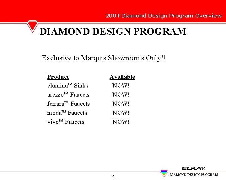 2004 Diamond Design Program Overview DIAMOND DESIGN PROGRAM Exclusive to Marquis Showrooms Only!! Product
