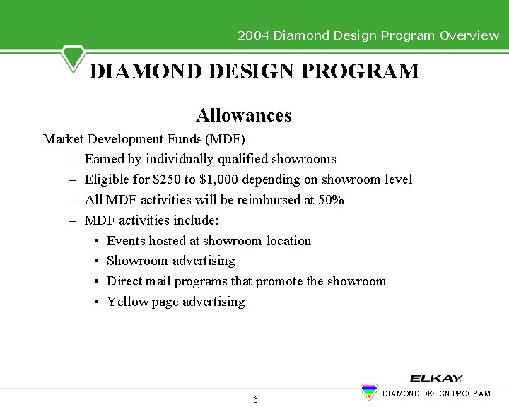 2004 Diamond Design Program Overview DIAMOND DESIGN PROGRAM Allowances Market Development Funds (MDF) –