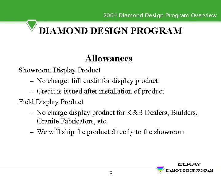 2004 Diamond Design Program Overview DIAMOND DESIGN PROGRAM Allowances Showroom Display Product – No