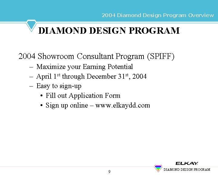 2004 Diamond Design Program Overview DIAMOND DESIGN PROGRAM 2004 Showroom Consultant Program (SPIFF) –